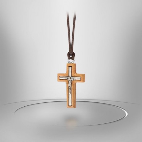Collier Cordon avec Croix en bois d'olivier - Christ métal Argenté