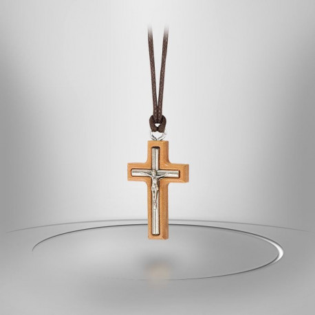 Collier Cordon avec Croix en bois d'olivier - Christ métal Argenté