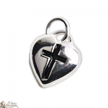 Inlaid Heart Cross Pendant - Silver
