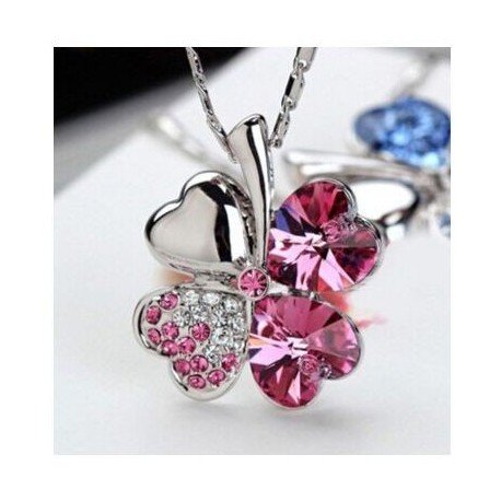 Necklace clover pink crystal 2.1 x 2.6 cm