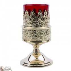 Griechische Öllampe mit rotem Glas und goldenem Metallsockel