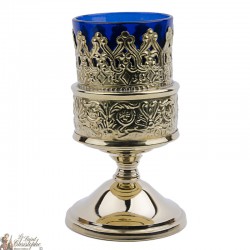 Griechische Öllampe mit blauem Glas und goldenem Metallsockel