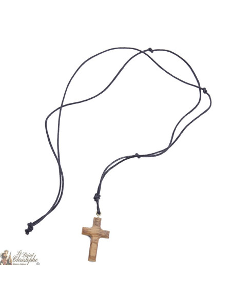 Collier Cordon avec Croix en bois d'olivier - 2 x 3 cm