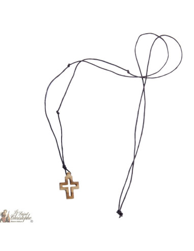 Collier Cordon avec Croix en bois d'olivier - 2 x 2 cm