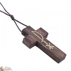 Collier Cordon avec Croix en bois brun - Pax 
