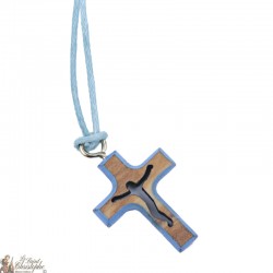 Cuerda del collar con la cruz de madera - azul