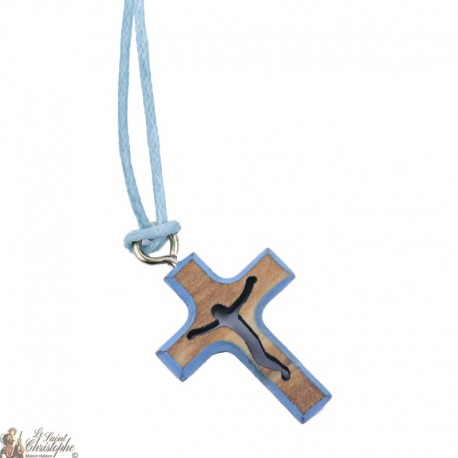 Cord Necklace with Wooden Cross - Blue