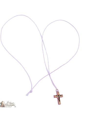 Collier Cordon avec Croix en bois - rose