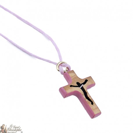 Ketting koord met houten Kruis - roze