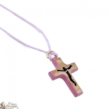Ketting koord met houten Kruis - roze