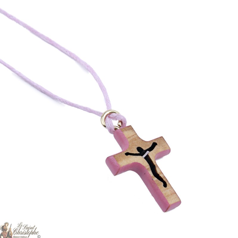 Cord Necklace with Wooden Cross - pink 