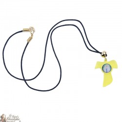 Halskette mit Tau Zeichen in Gelb und Plexi Bild der Jungfrau von Banneux