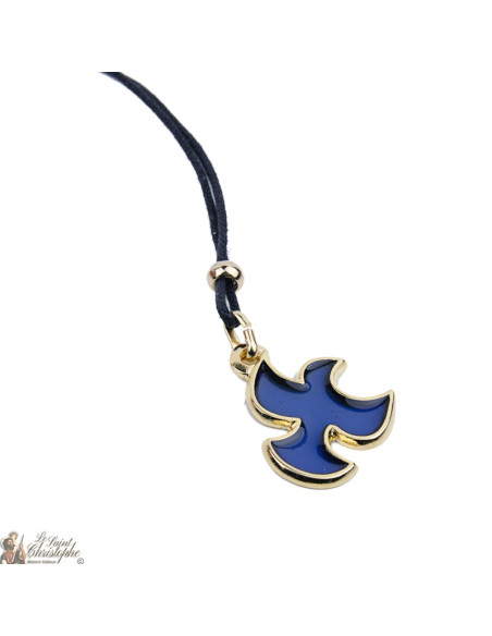 Collier avec signe Tau en plexi jaune et image de le Vierge de Banneux