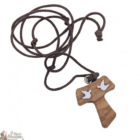 Collier Cordon et pendentif Tau en bois avec colombes blanches