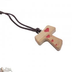 Necklace Wooden Tau cord and pendant with red hearts