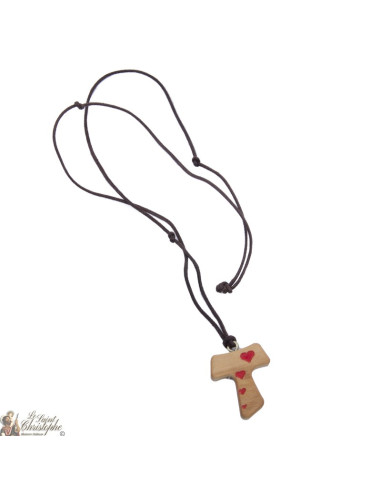 Cavo collana e ciondolo Tau in legno con i cuori rossi