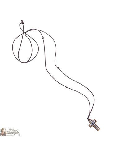 Cordon necklace with small cross of Saint Benoit in olive wood