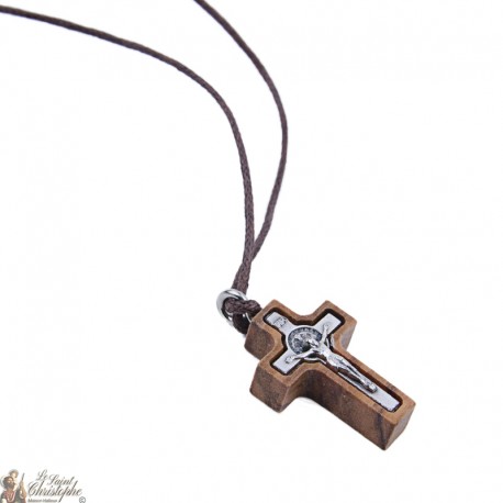 Halskette Schnur mit kleinen Holzkreuz St. Benedict Oliven