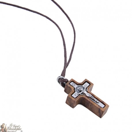 Collier Cordon avec petite Croix de Saint Benoit en bois d'olivier