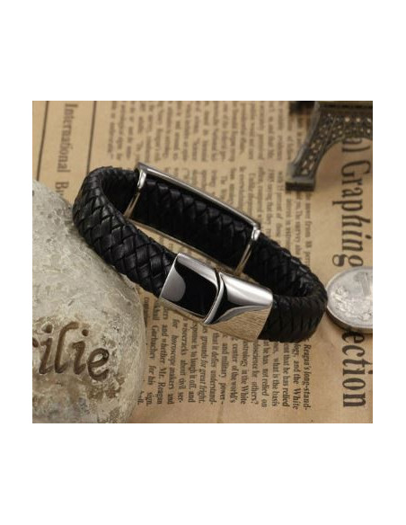 Bracelet cuir et métal inoxydable avec croix