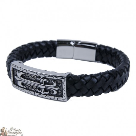 Leather and stainless steel bracelet with cross